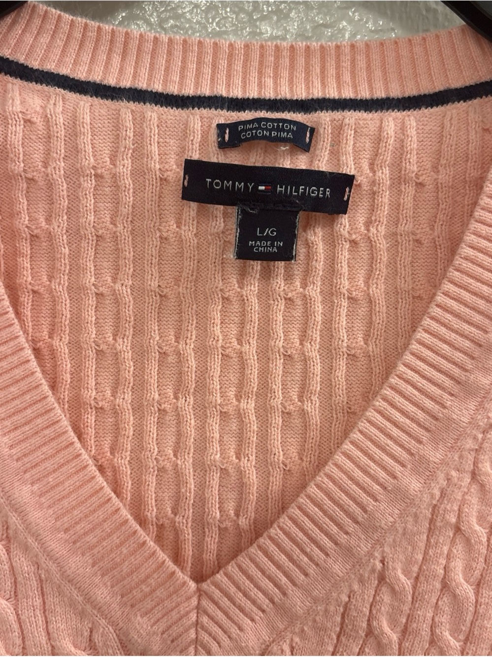 Tommy Hilfiger Light Pink Pima Cotton V-Neck Cable Knit Sweater